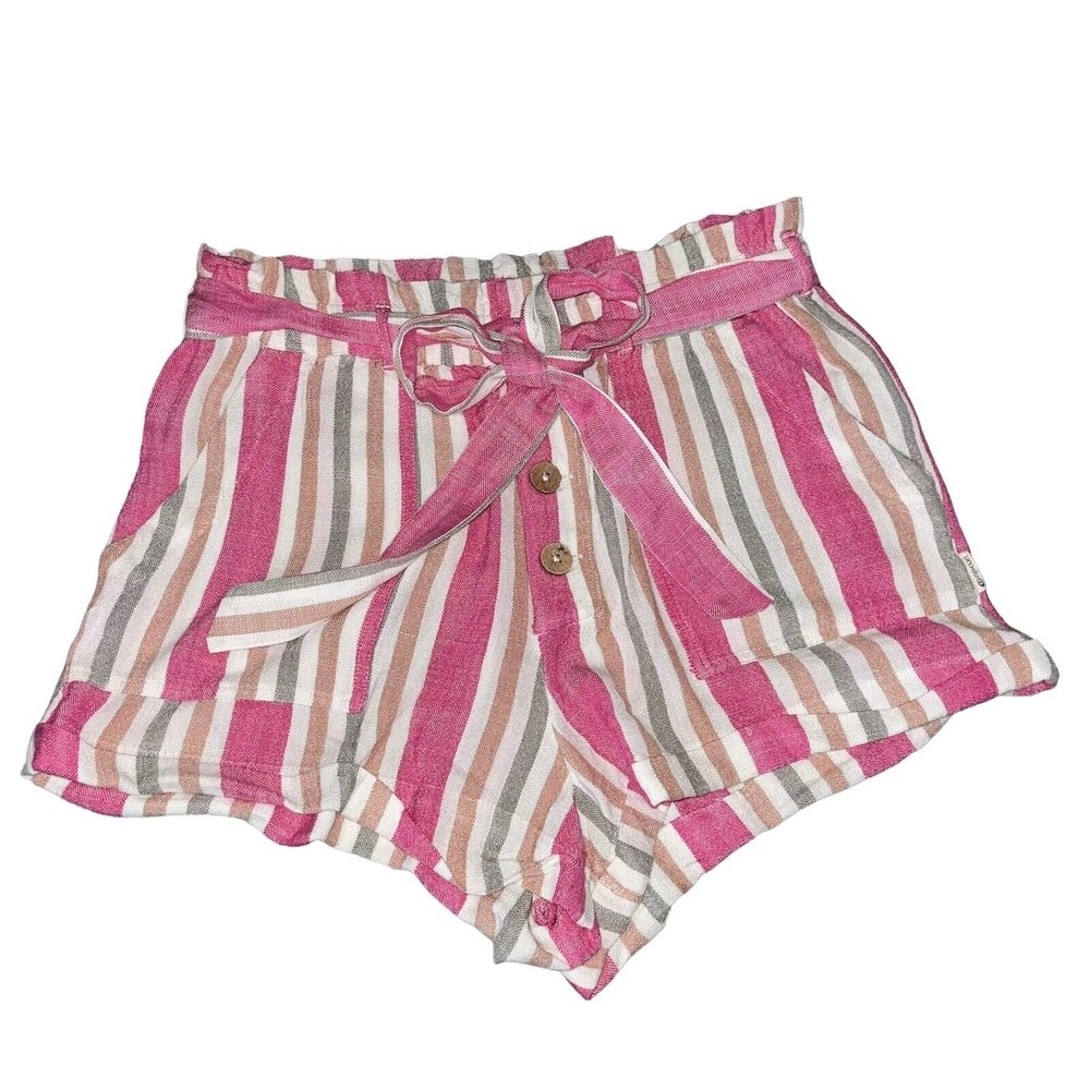 Rip Curl Paper Bag Shorts Size L Pink Cream Striped Belted Pockets Comfy Casual